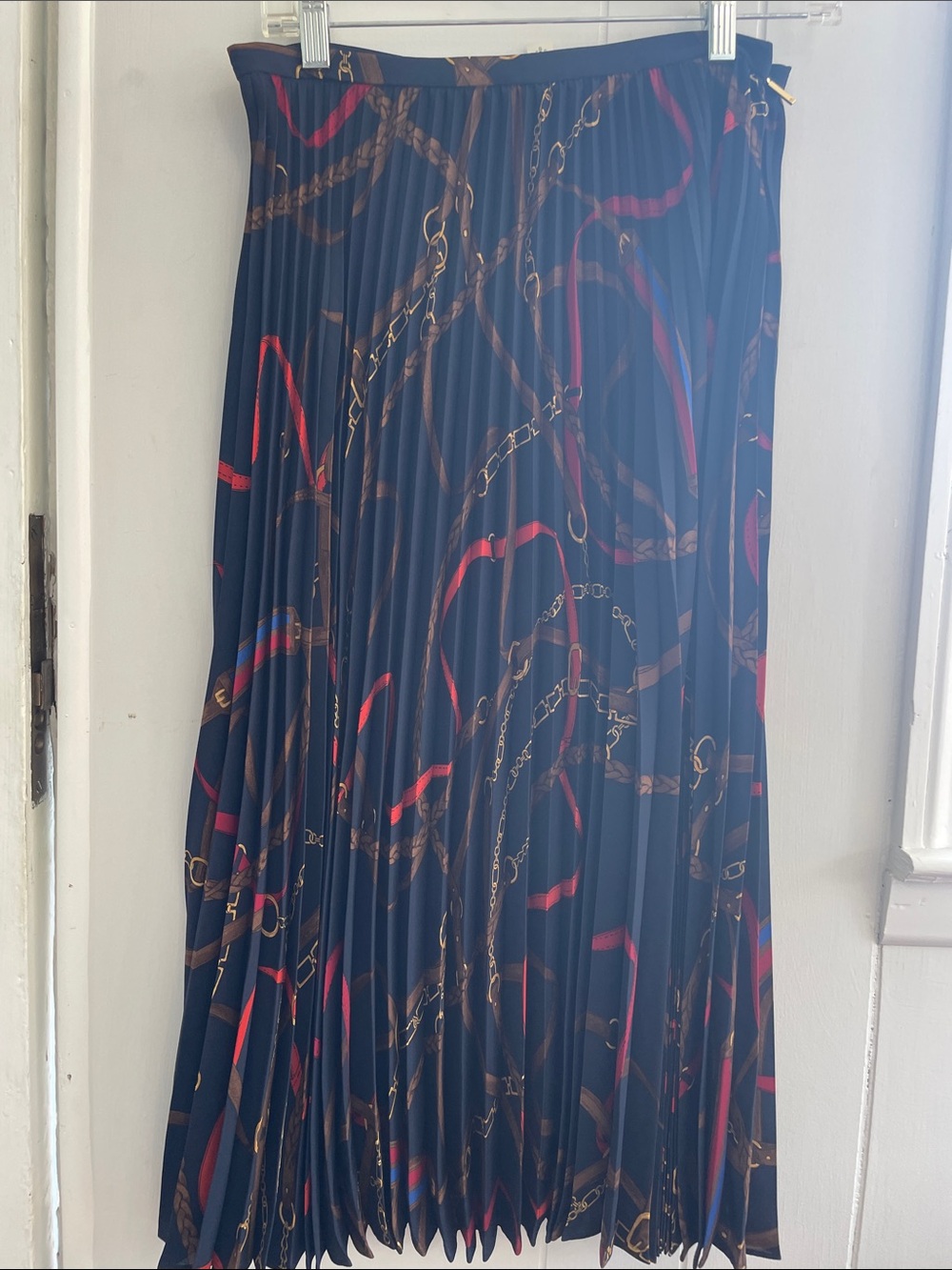 Ralph Lauren Black Pleated Skater Skirt with Red and Brown Chain Print